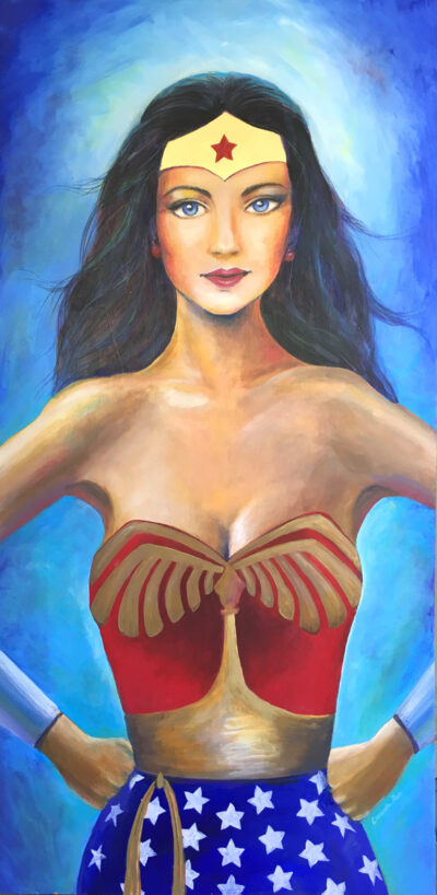 "I AM INDOMITABLE" Wonder Woman, Original Painting + Gold Leafing on Birch Wood by Lucinda Rae, 24″ x 48″